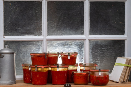 A row of jars filled with red sauce sit on a counter next to a coffee pot. Concept of warmth and comfortの写真素材