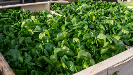 A wooden crate filled with a variety of green plants. The crate is overflowing with plants, and the leaves are a vibrant shade of greenの写真素材