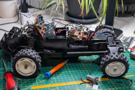 A toy car is on a table with its parts spread out. The car is in the process of being fixedの写真素材