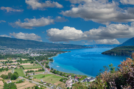 a view of lake of Annecy in the French Alpsの写真素材