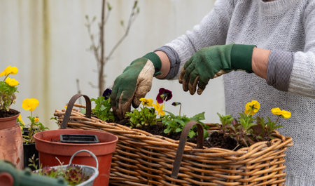 A woman is tending to her plants, wearing gloves and holding a basket. The plants are yellow and...