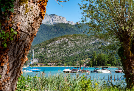 a view of Lake Annecy in summer, Alps, Franceの写真素材