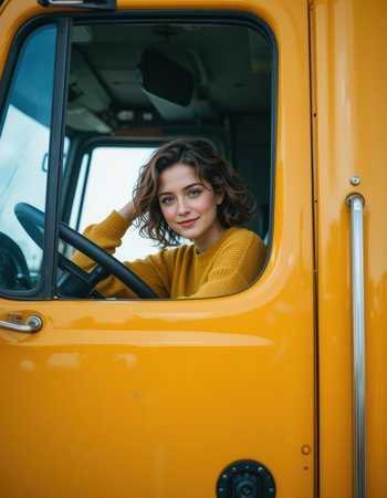 A woman is sitting in the driver's seat of a yellow truck. She is smiling and looking out the windowの素材