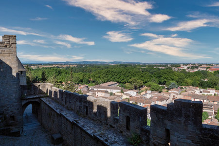 A view of the city of Carcassonne from the ramparts, Aube, Franceの写真素材