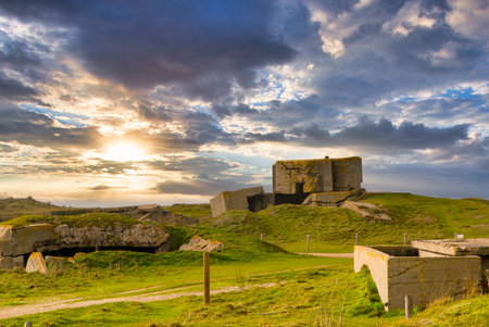 Ruined blockhouse on a beach in the Cotentin Peninsula, Normandy, Franceの写真素材