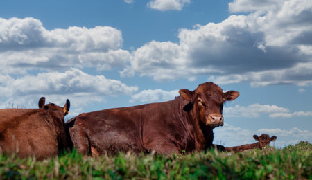 Three cows are laying in a field. One cow is laying on its side, another is laying on its back, and the third is laying on its stomachの写真素材