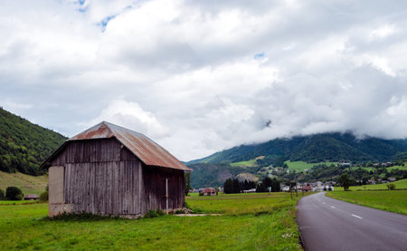 view of the village of Ecole en Bauges in the Alps, Savoie, France