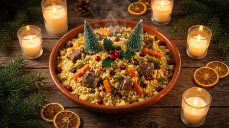 Bowl of food with candles around it. The food is a mix of meat and vegetablesの写真素材