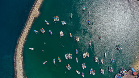 Aerial view of fishing boats in the sea. Top view.