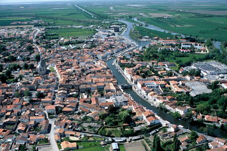 Aerial view of the port of Marans in the Marais Poitevinの写真素材