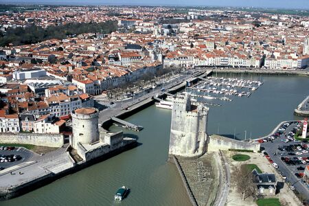Aerial view of the old port of La Rochelle and the sea busの写真素材