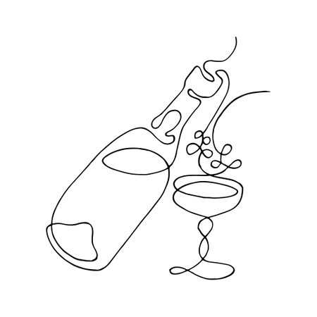 wine champagne bottle and glass illustration, drawing lineart,のイラスト素材