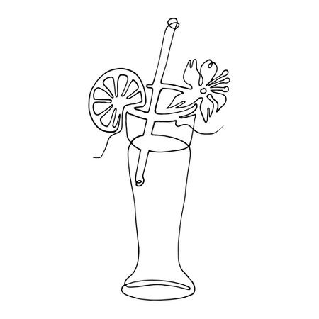 Glass of water with ice, cocktail, drink with a straw for drinking. Continuous one line drawing. Fruits. Vectorのイラスト素材