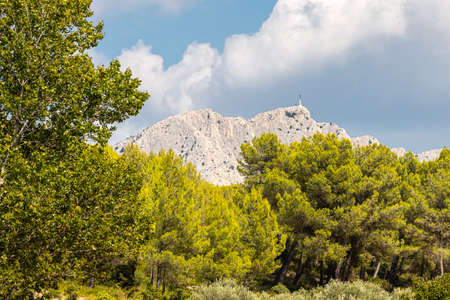 the massif of the Sainte-Victoire mountain, around the old Roman damの写真素材