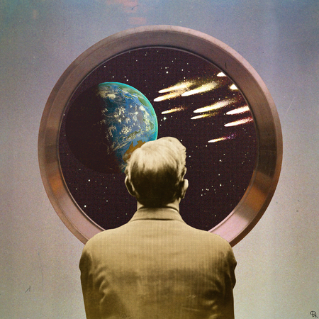 man looking on the planet earth under comets attack through portholeの写真素材