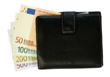 Black wallet with euro notes isolated on whiteの写真素材