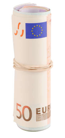 Rolled Euro notes isolated over white backgroundの写真素材