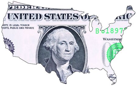 USA map textured with one dollar note over white backgroundの写真素材