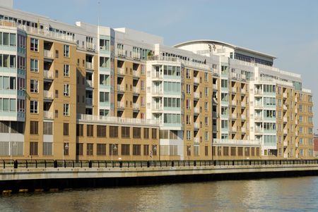 Modern apartment buildings watersideの写真素材