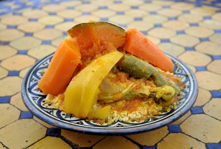 Couscous with vegetables and chicken as served in Marrakech, Moroccoの写真素材