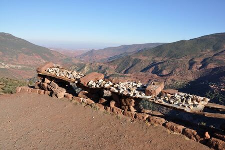 Minerals for sale at road side in Atlas mountains, Moroccoの写真素材