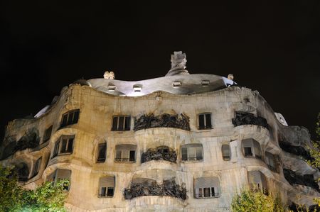 La Pedrera illuminated at night, Barcelona Spainの写真素材