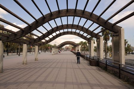 Promenade in the old harbour area of Barcelona, Spainの写真素材