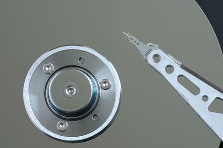 Closeup of an open hard disk drive 