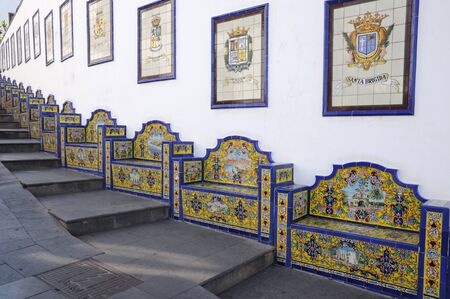 Colorful benches in town Firgas, Grand Canary Spainの写真素材
