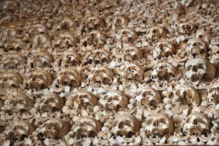 Wall of human bones and skulls. Chapel Capela de Ossos in Faro, Portugalの写真素材