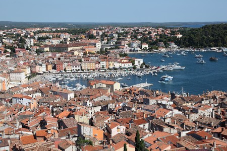 Aerial view over the old town of Rovinj, Croatiaの写真素材