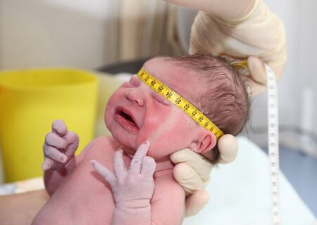 Newborn baby head measuring in hospitalの写真素材
