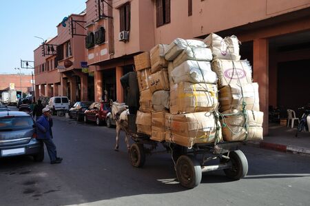 Fully loaded mule cart in the street of Marrakesh, Morocco. Photo taken at 22th of November 2008のeditorial素材