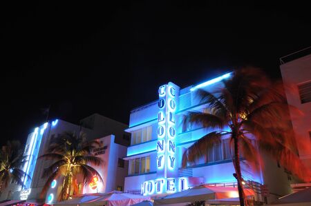 The Colony Hotel illuminated at night. Miami Art Deco District, Florida. Photo taken at 11th of November 2009のeditorial素材