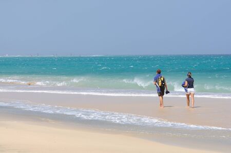 Walking on the beach. Playa de Sotavento, Canary Island Fuerteventura, Spain. Photo taken at 2nd of June 2009のeditorial素材