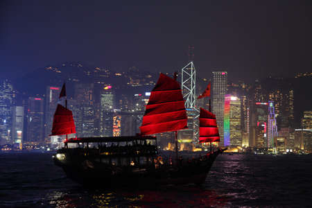 Traditional Sail Boat in Hong Kong at night. Photo taken at 25th of November 2010のeditorial素材
