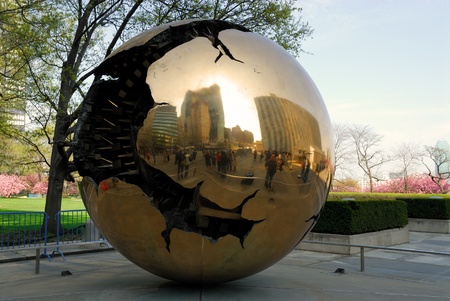 Reflections in the Sphere within a Sphere by Arnaldo Pomodoro at the United Nations New York. Photo taken at 23rd of April 2008のeditorial素材