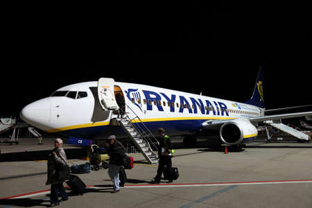 Ryanair airplane at the airport of Frankfurt Hahn, Germany. Photo taken at 7th April 2011のeditorial素材