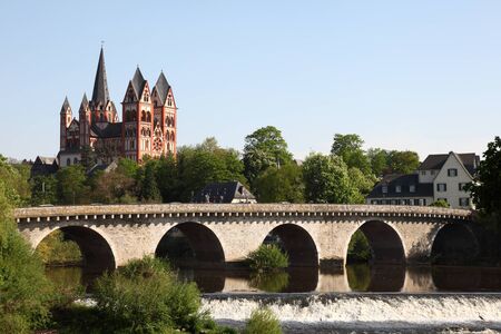 The old Lahn river bridge and the Cathedral in Limburg (Limburger Dom), Hesse Germanyの写真素材