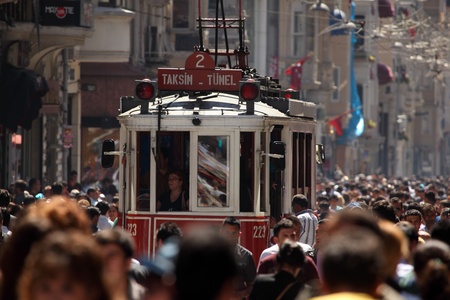Old tram on Istiklal Caddesi Street in Istanbul, Turkey. Photo taken on 22nd of Mai 2011のeditorial素材