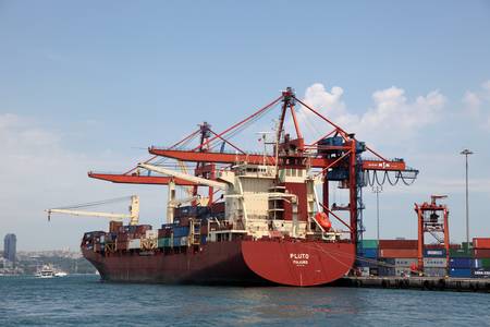 Large container ship in port of Istanbul, Turkey. Photo taken at 25th of Mai 2011のeditorial素材
