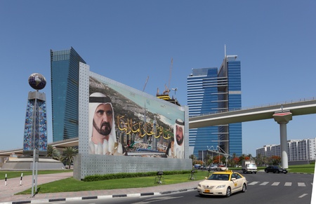 Billboard with Sheikh Mohammed bin Rashid Al Maktoum in the city of Dubai, UAE. Photo taken at 27th of Mai 2011のeditorial素材