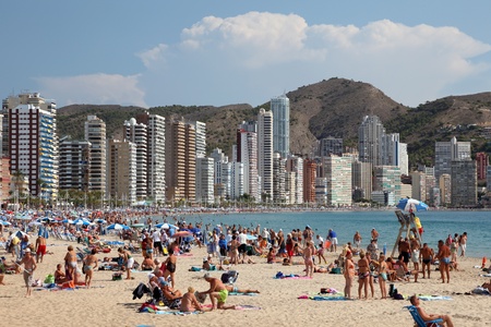 Beach in Mediterranean resort Benidorm, Spain. Photo taken at 20th of October 2011のeditorial素材
