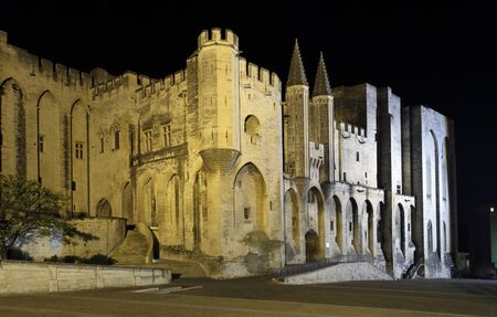 Pope's palace in Avignon illuminated at night, Franceのeditorial素材