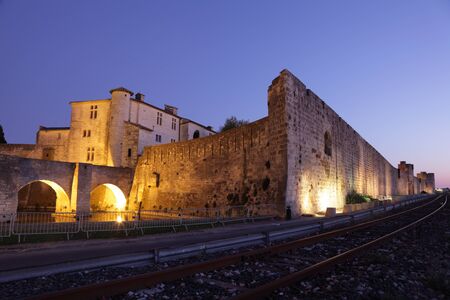 Medieval town Aigues-Mortes at night, southern Franceのeditorial素材
