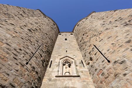 Fortified gate to the medieval town of Carcassonne, Franceのeditorial素材