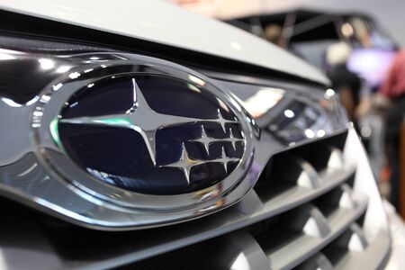 DUSSELDORF - AUGUST 27: Subaru logo at the Caravan Salon Exhibition 2012 on August 27, 2012 in Dusseldorf, Germanyのeditorial素材