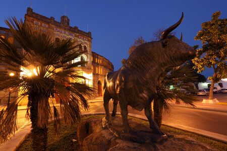 Bull statue in front of the Plaza de Toros  El Puerto de Santa Maria, Andalusia Spainの写真素材