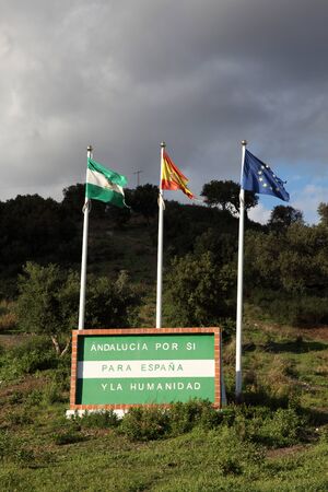 Andalusia slogan and flags in southern Spainのeditorial素材