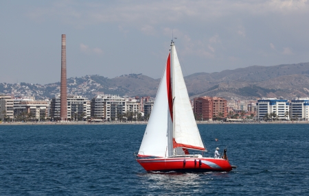 Sailing yacht in front of Malaga, Andalusia Spainのeditorial素材